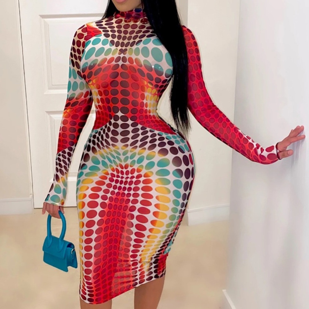 Colorful Illusion Turtle Neck Midi Dress